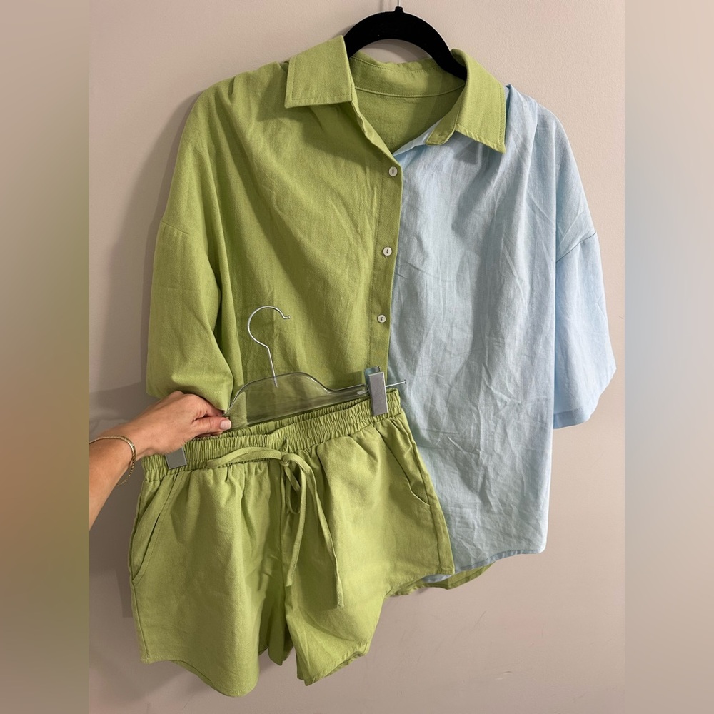 Linen Influence Color Blocking Green and Blue Button-Up Shirt with Shorts